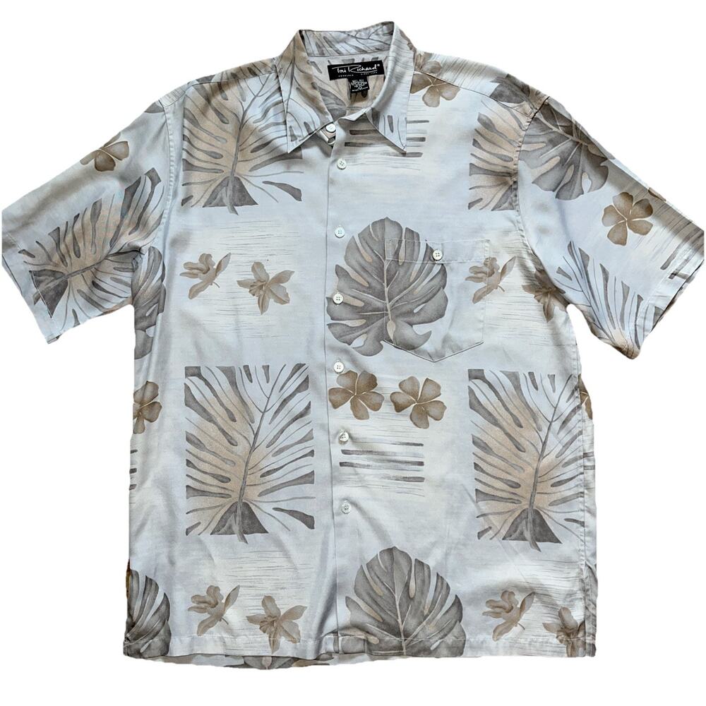Tori Richard Button Up Hawaiian Shirt Men's Large Tan Beige 100% Silk Floral